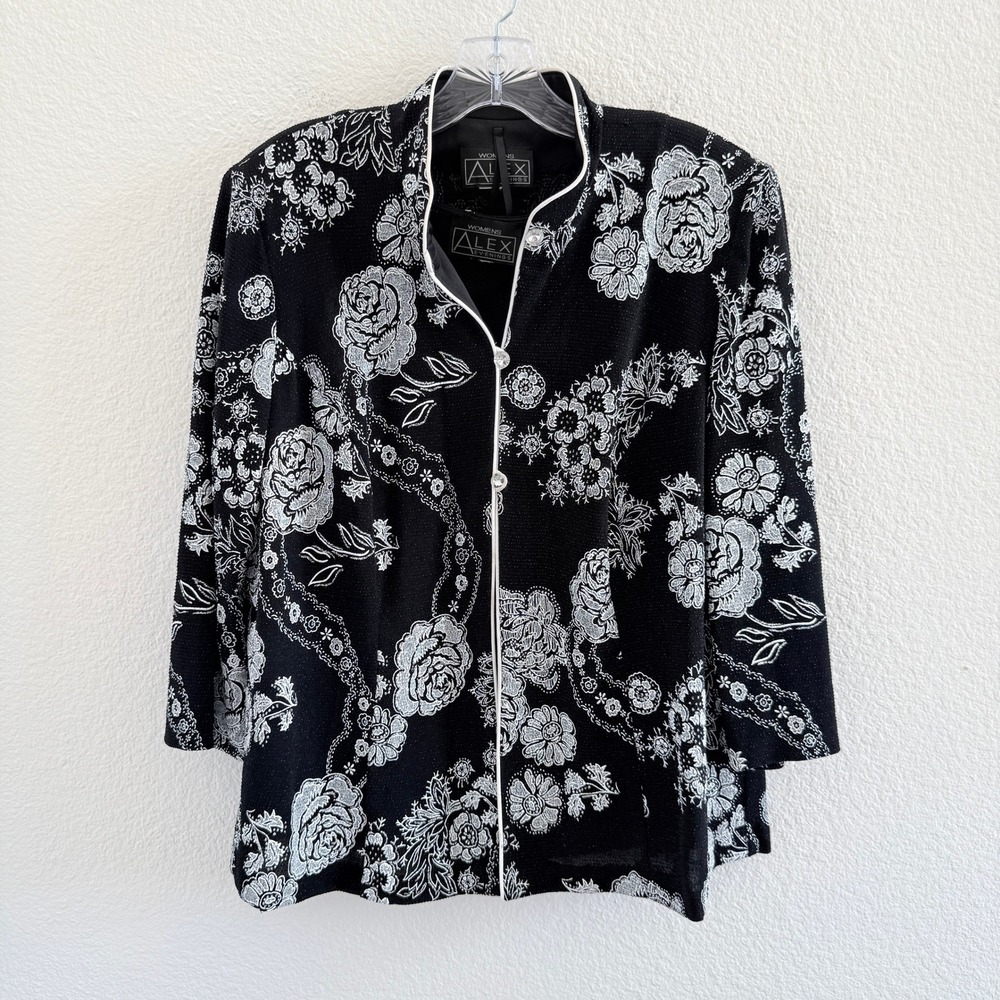 Alex Evenings Womens Black Silver Metallic Floral Jacket and Tank Set 2PC